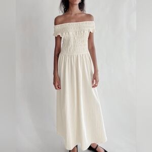 OAK + FORT Off Shoulder Smocked Midi Dress
